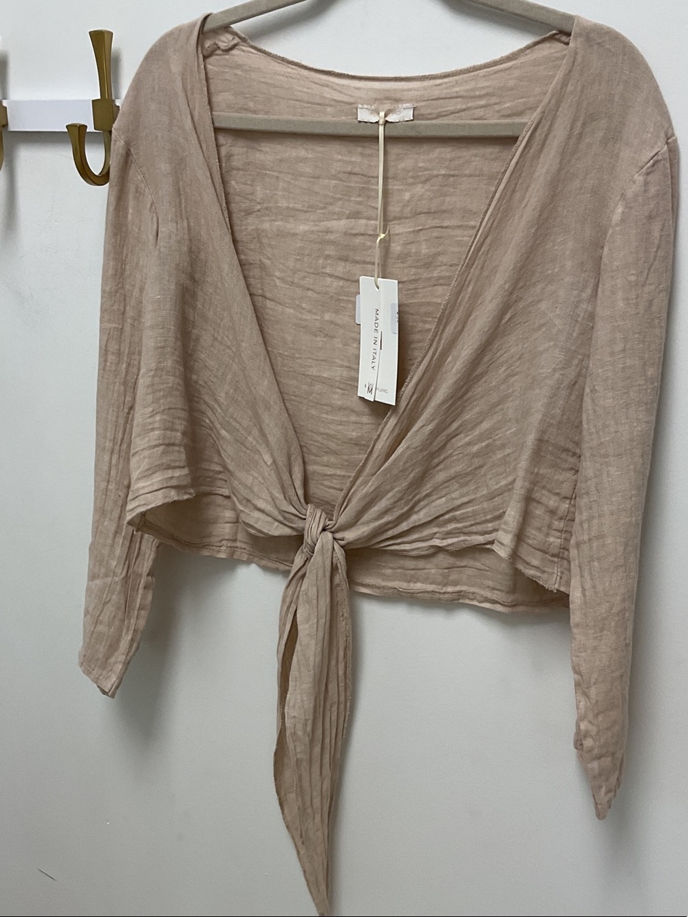 Tie-Front Linen Milio Milano  Blend Crop Top in Light Taupe